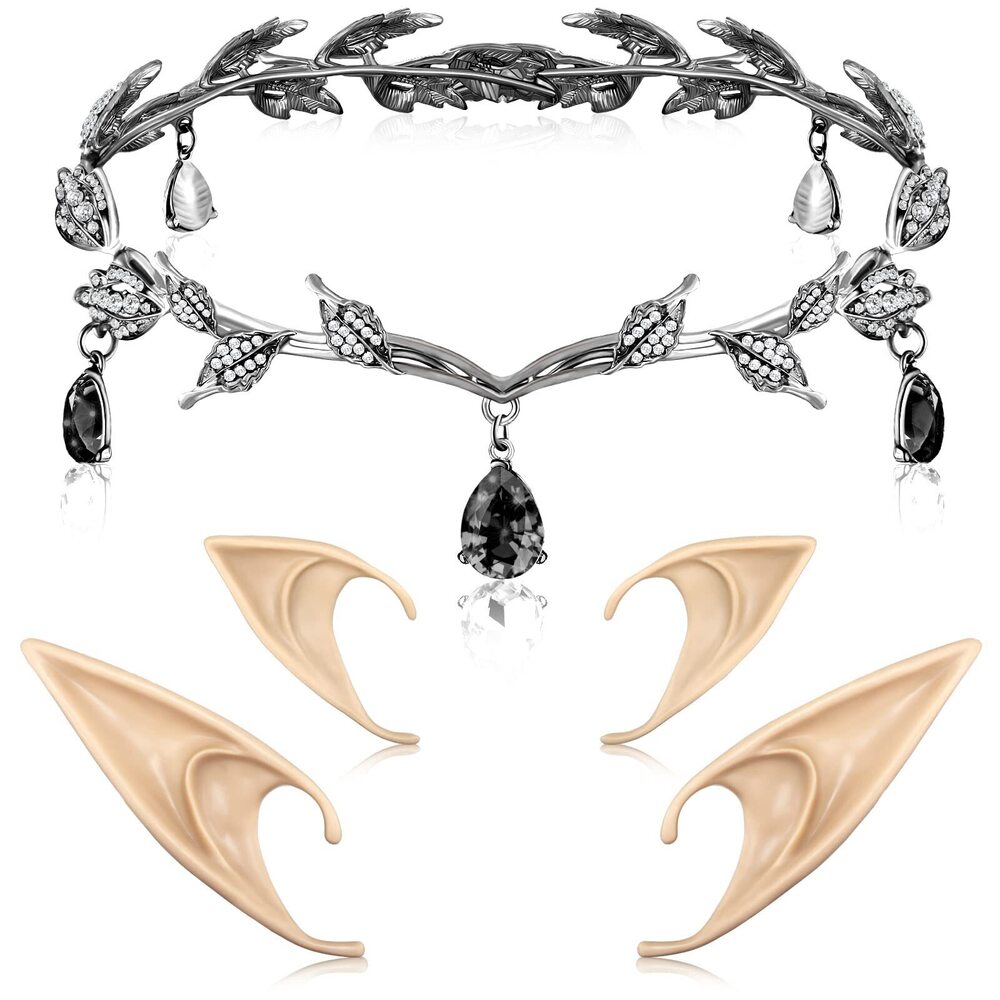 9536 Elf Ears With Crown Set, Fairy Crown Rhinestone Leaf Tiara